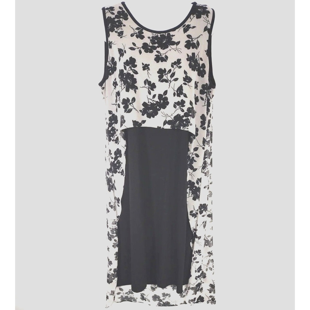 Zola Women's Large Shift Dress w/ Sheer Overdress Sleeveless Black White Floral